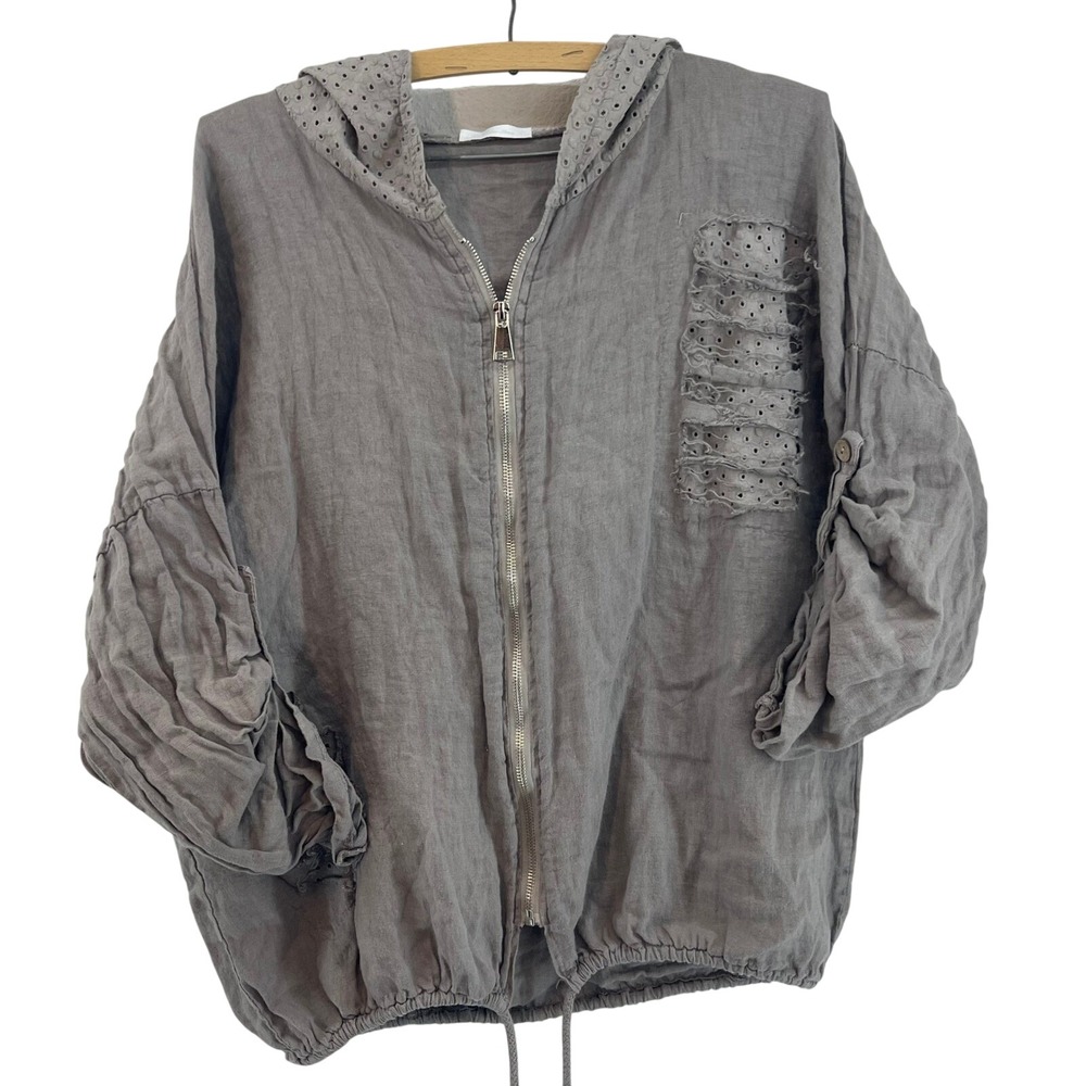 Linen Hooded Jacket Grey Minimalist Coastal Grandma Lightweight Zip Up M
